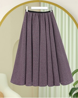Plaid Patterned 360 Degree Skirt with Elastic Waistband -Maroon