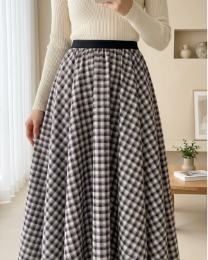 Plaid Patterned 360 Degree Skirt with Elastic Waistband -Ecru