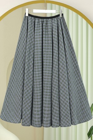 Ekose Desenli Beli Lastikli 360 Derece Etek -Haki