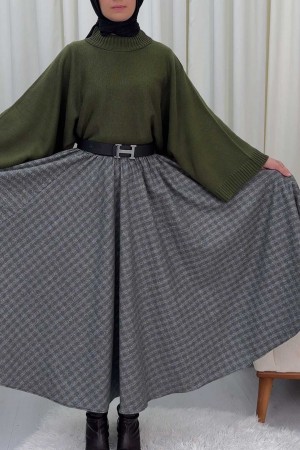 تنورة بنقشة مربعات بزاوية 360 درجة مع حزام خصر مطاطي -خاكي