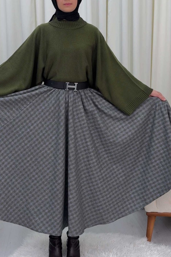 Plaid Patterned 360 Degree Skirt with Elastic Waistband -Khaki