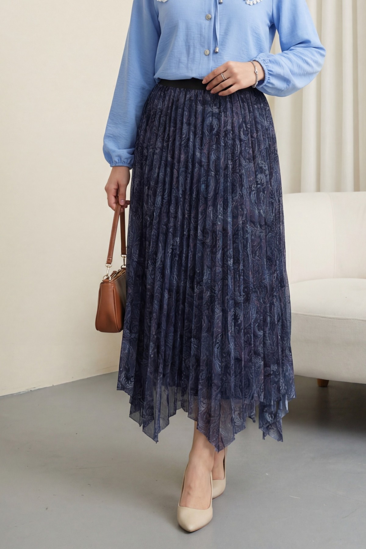 Asymmetrical Cut, Lined Tulle Skirt with Elastic Waistband, Mixed Pattern -Dark blue