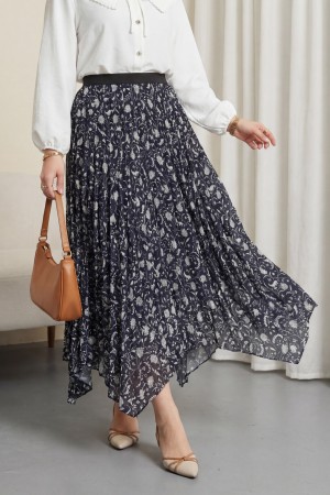 Karışık Desen Beli Lastikli Asimetrik Kesim Astarlı Tül Etek -Laci