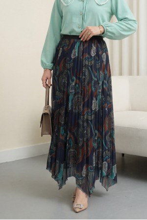 Asymmetrical Cut, Lined Tulle Skirt with Elastic Waistband, Mixed Pattern -Sea green