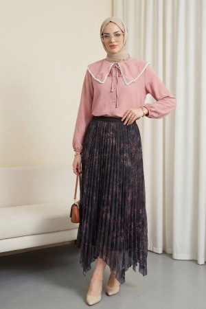 تنورة تول مبطنة بقصة غير متماثلة وحزام خصر مطاطي، بنقشة مختلطة -لون الكرز