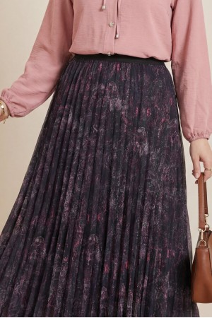 تنورة تول مبطنة بقصة غير متماثلة وحزام خصر مطاطي، بنقشة مختلطة -لون الكرز