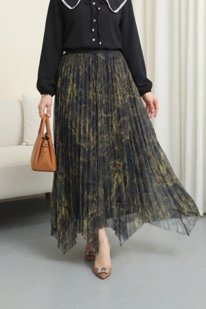 Asymmetrical Cut, Lined Tulle Skirt with Elastic Waistband, Mixed Pattern -Oil Green