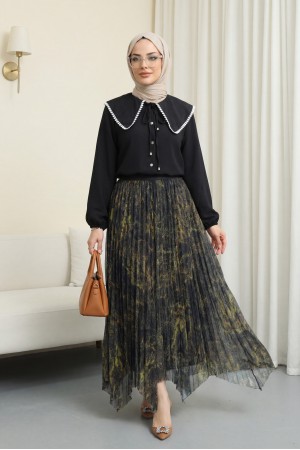 تنورة تول مبطنة بقصة غير متماثلة وحزام خصر مطاطي، بنقشة مختلطة -زيت أخضر