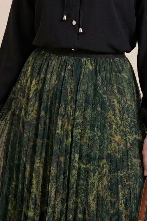 تنورة تول مبطنة بقصة غير متماثلة وحزام خصر مطاطي، بنقشة مختلطة -زيت أخضر