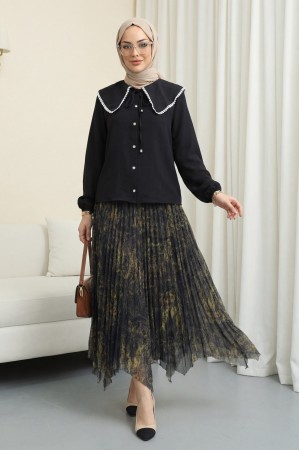 تنورة تول مبطنة بقصة غير متماثلة وحزام خصر مطاطي، بنقشة مختلطة -زيت أخضر