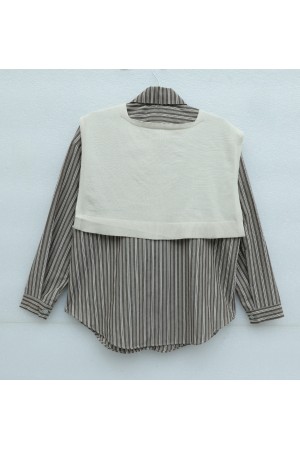 Striped Linen Shirt with Knitted Scarf Detail -Brown