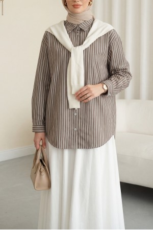 Triko Fular Detaylı Çizgili Keten Gömlek -Kahve