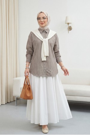 Striped Linen Shirt with Knitted Scarf Detail -Brown