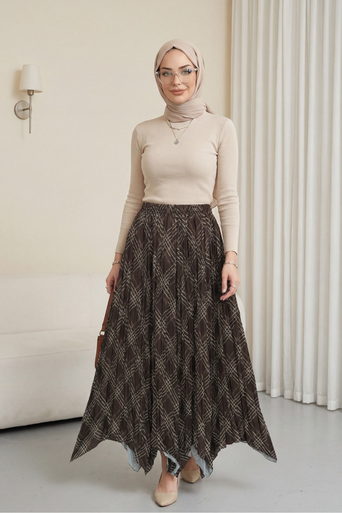 Elasticated Waist Patterned Asymmetrical Cut Crash Skirt -Brown