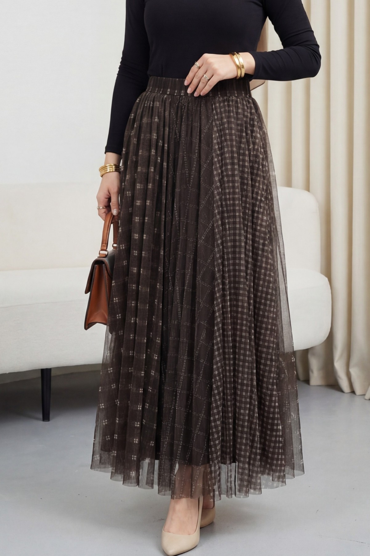 Square Patterned Tulle Skirt with Elastic Waistband and Lining -Brown