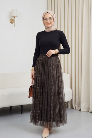 Square Patterned Tulle Skirt with Elastic Waistband and Lining -Brown