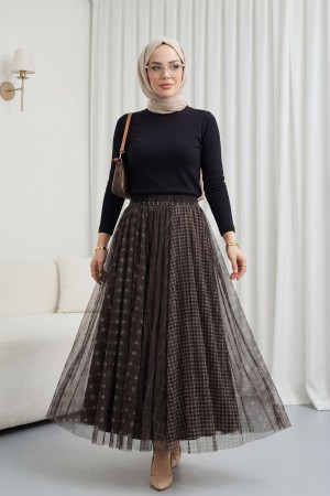 Square Patterned Tulle Skirt with Elastic Waistband and Lining -Brown