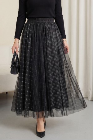 Kare Desen Beli Lastikli Astarlı Tül Etek -Siyah