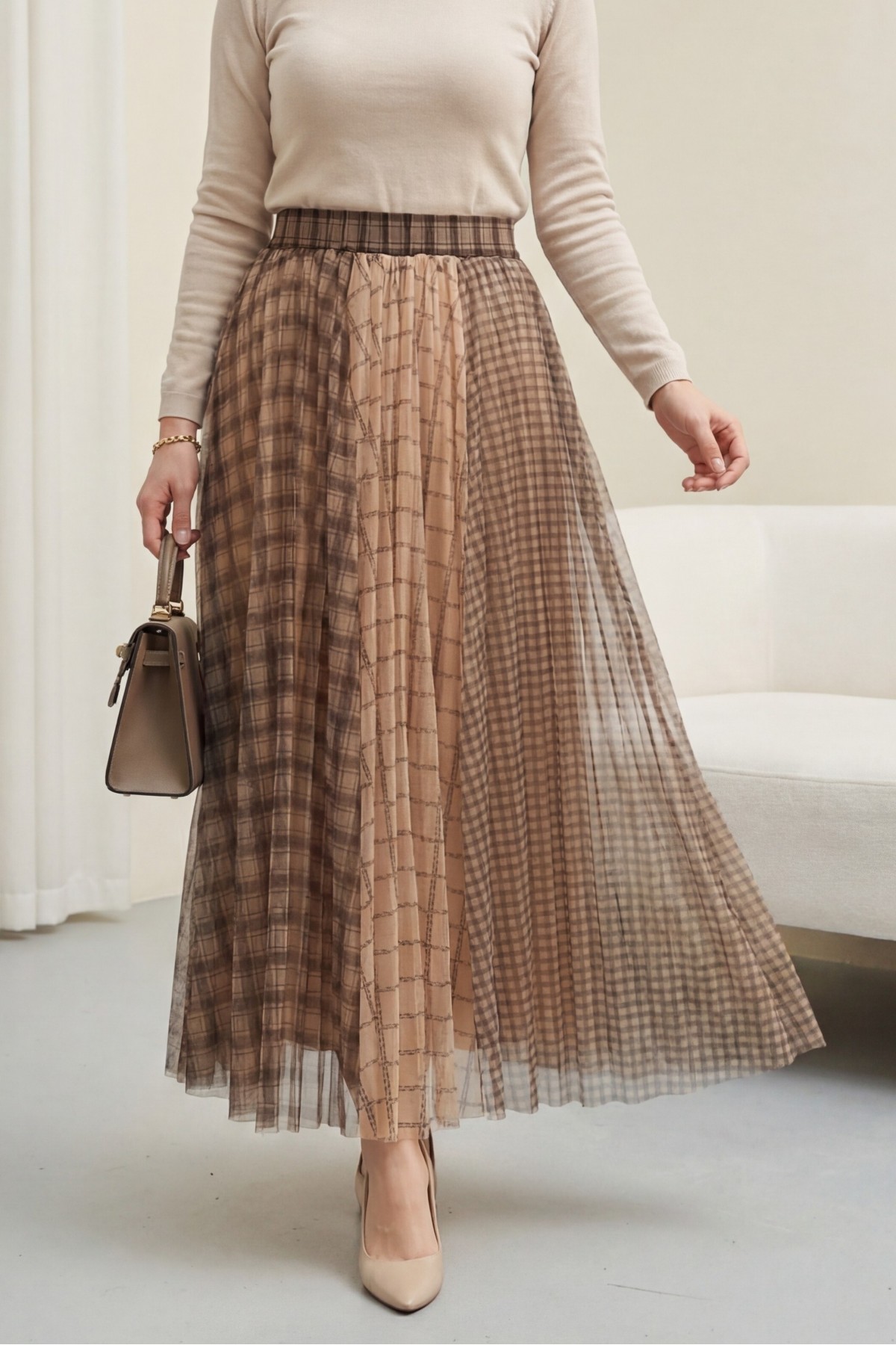 Square Patterned Tulle Skirt with Elastic Waistband and Lining -Mink color