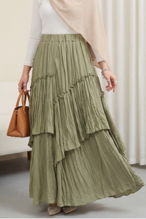Elasticated Waist Linen Voile Layered Skirt -Cagla Green