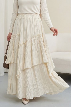 Beli Lastikli Keten Vual Katlı Etek -Ekru