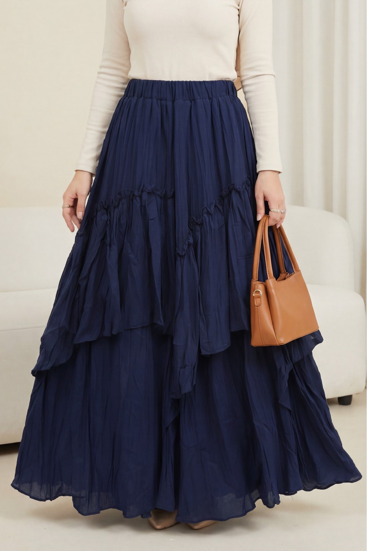 Elasticated Waist Linen Voile Layered Skirt -Navy blue