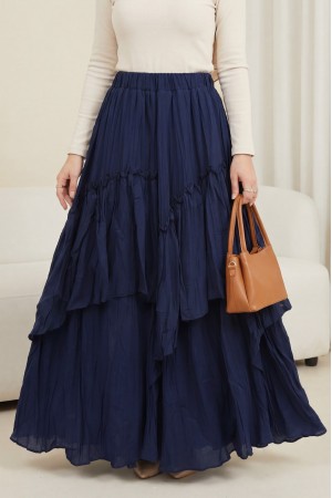 Beli Lastikli Keten Vual Katlı Etek -Laci