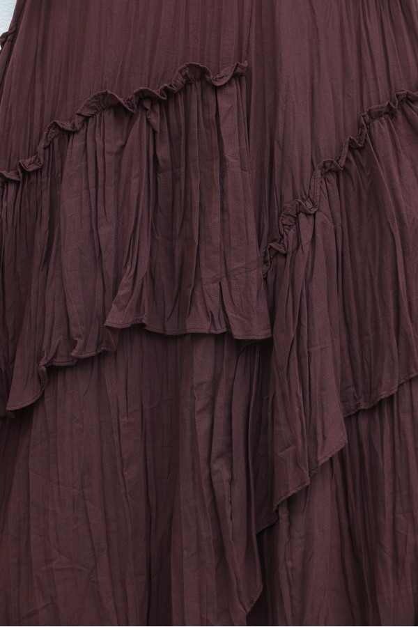 Elasticated Waist Linen Voile Layered Skirt  -Dark Bordo