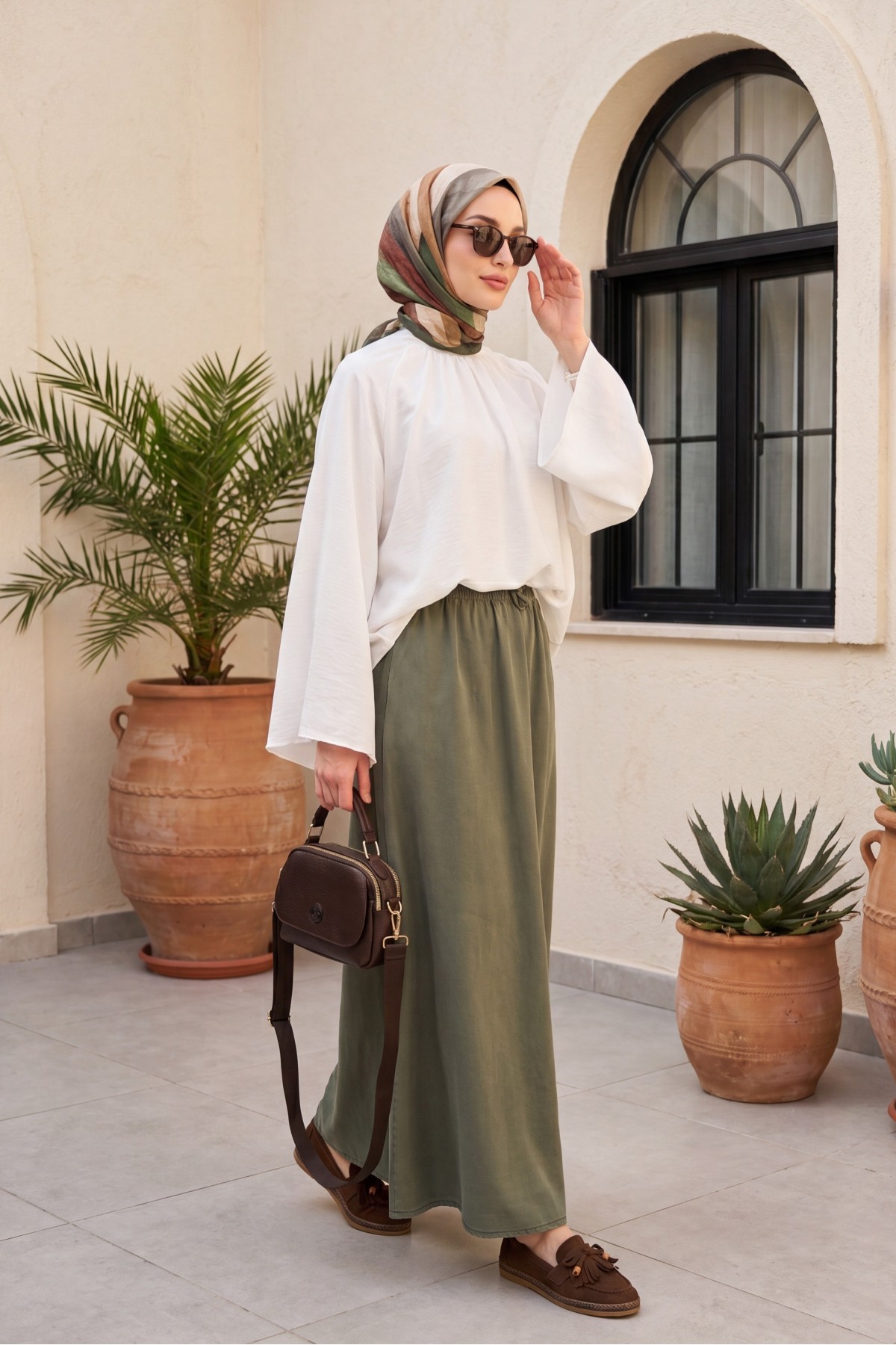 Tencel Skirt with Elastic Waistband, Drawstring Detail, and Pockets -Khaki