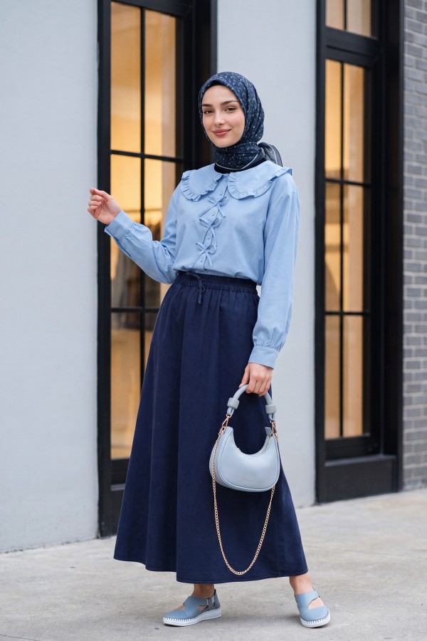 Tencel Skirt with Elastic Waistband, Drawstring Detail, and Pockets -Navy blue