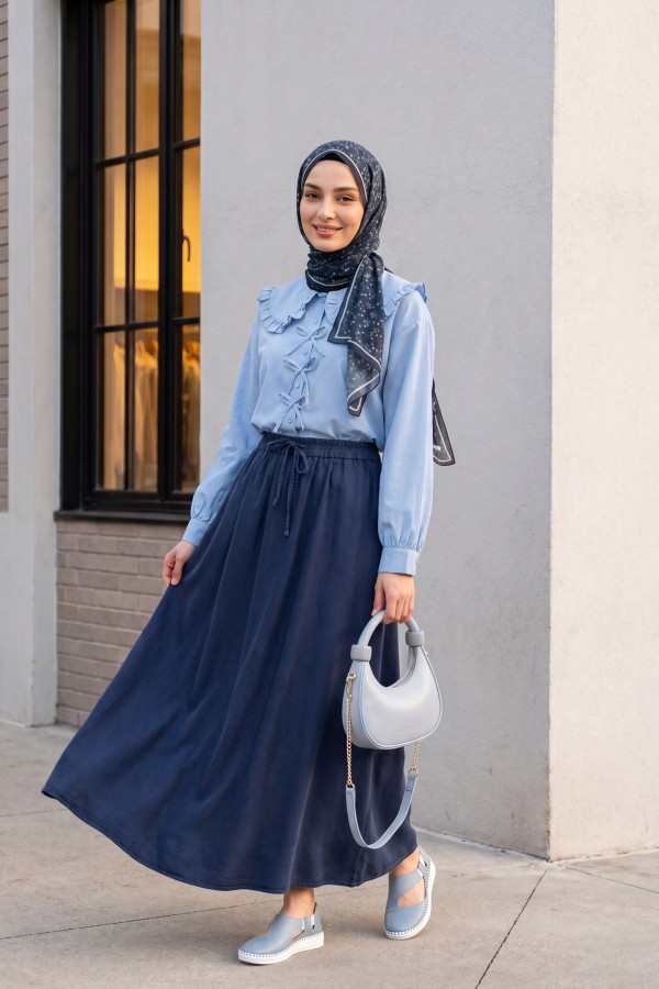 Tencel Skirt with Elastic Waistband, Drawstring Detail, and Pockets -Navy blue
