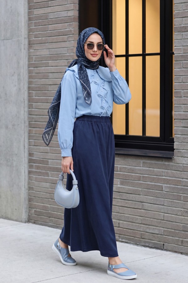 Tencel Skirt with Elastic Waistband, Drawstring Detail, and Pockets -Navy blue
