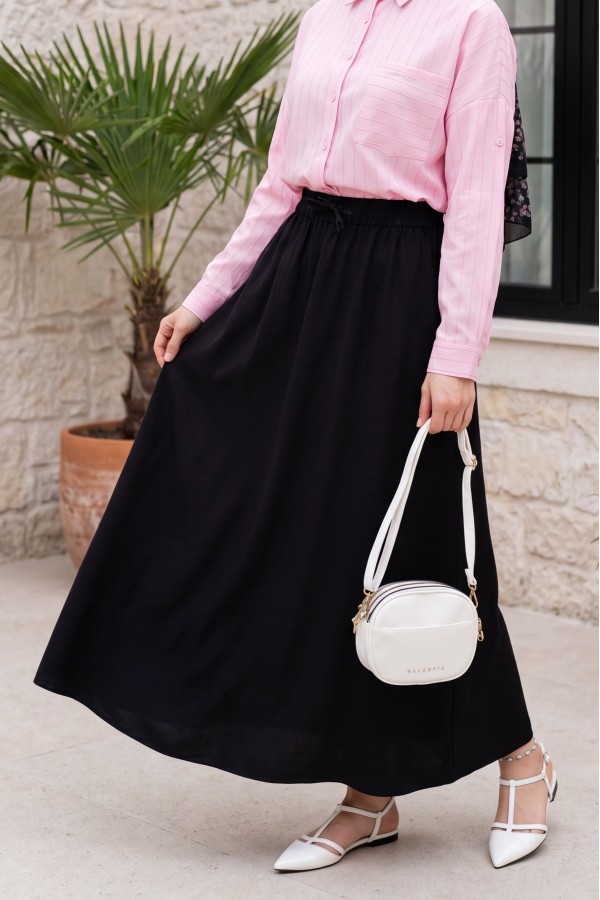Tencel Skirt with Elastic Waistband, Drawstring Detail, and Pockets -Black