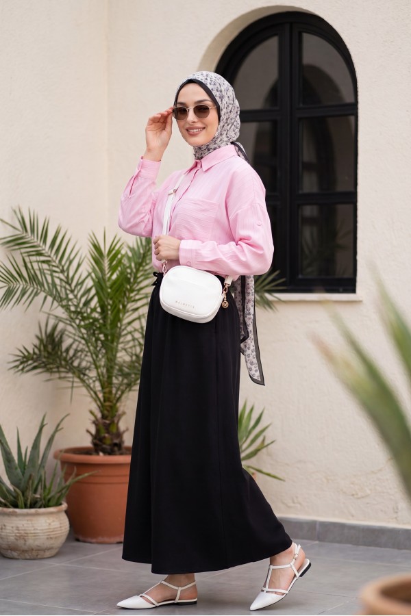 Tencel Skirt with Elastic Waistband, Drawstring Detail, and Pockets -Black