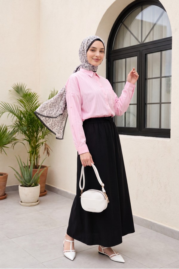 Tencel Skirt with Elastic Waistband, Drawstring Detail, and Pockets -Black
