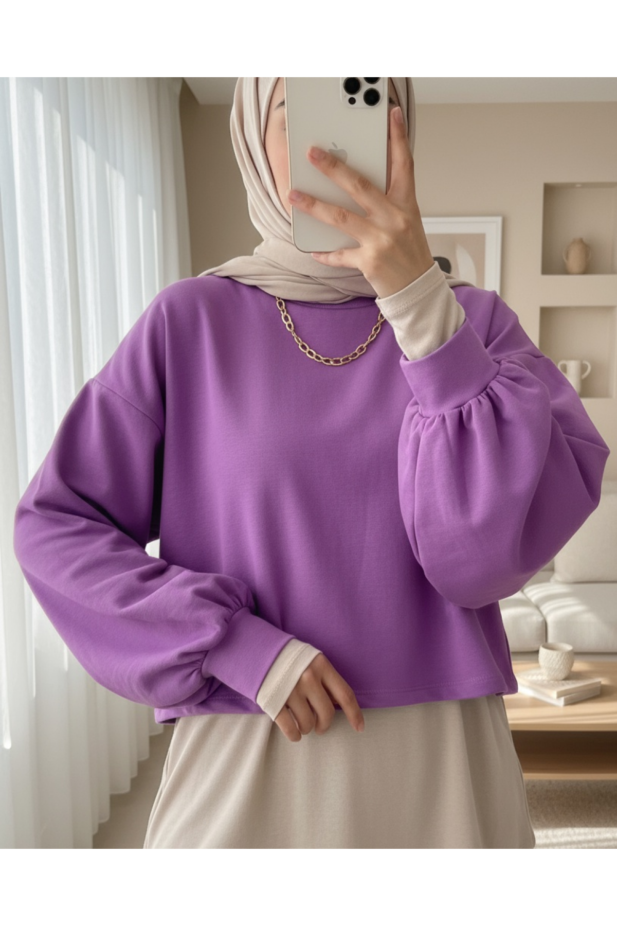 2 İplik Oversize Crop Sweat -Leylak