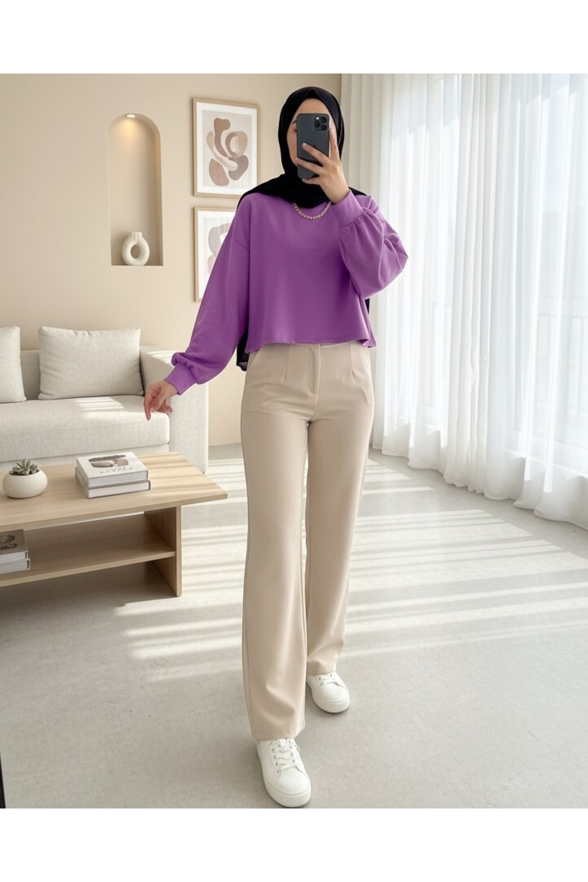 2 İplik Oversize Crop Sweat -Leylak