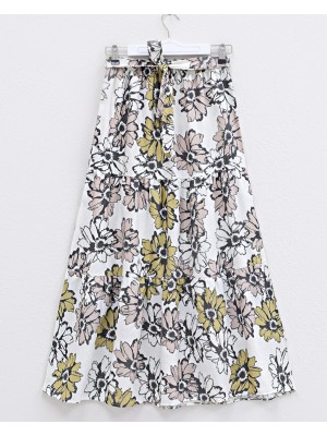 Desenli Kemerli Beli Lastikli Keten Etek -Pudra