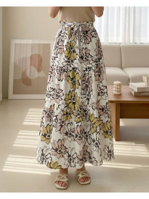 Patterned Belt Elastic Waist Linen Skirt -Powder