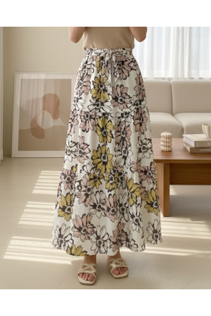 Desenli Kemerli Beli Lastikli Keten Etek -Pudra