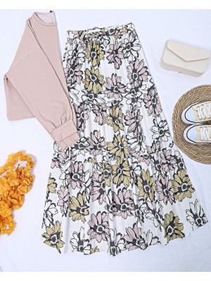 Desenli Kemerli Beli Lastikli Keten Etek -Pudra