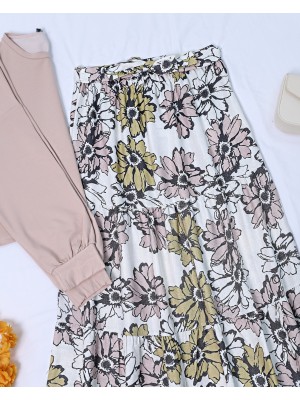 Desenli Kemerli Beli Lastikli Keten Etek -Pudra