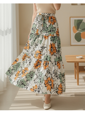 Desenli Kemerli Beli Lastikli Keten Etek -Yeşil