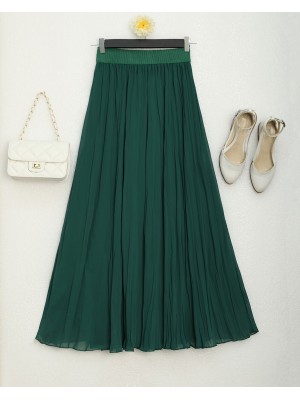 Kraşlı Astarlı Bol kesim Şifon Etek -Zümrüt