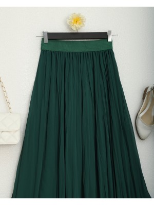 Kraşlı Astarlı Bol kesim Şifon Etek -Zümrüt