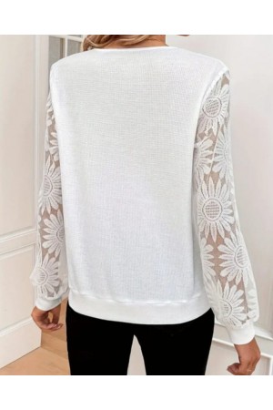 V Yaka Fistolu Kolu Tül Detaylı Bluz -Beyaz