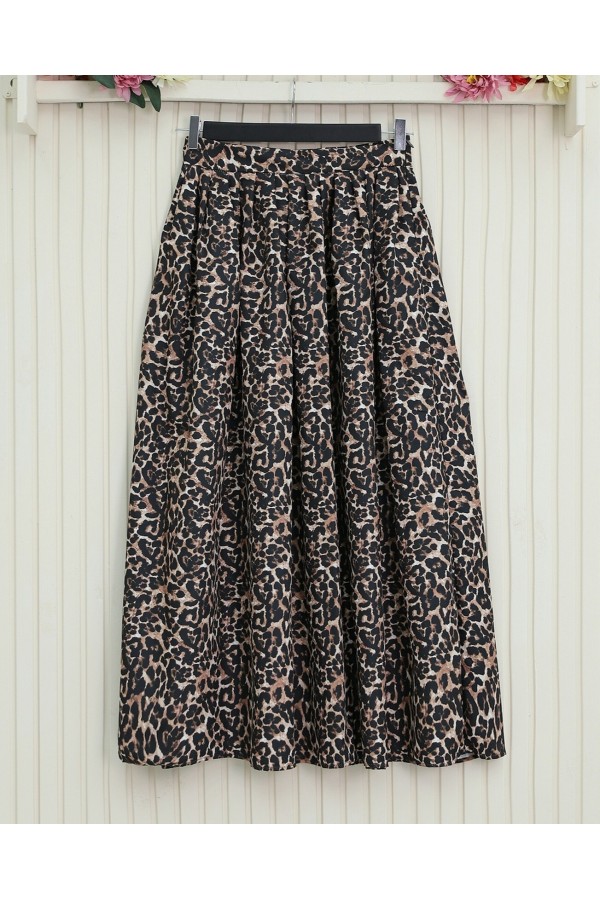 Pleated Soft Balloon Leopard Skirt -Black