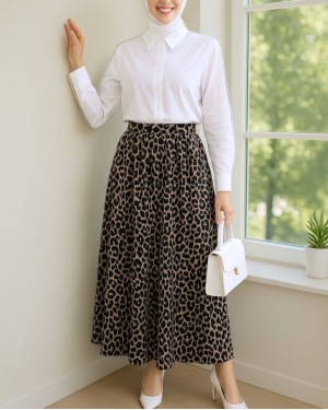 Pliseli Soft Balon Leopar Etek -Siyah