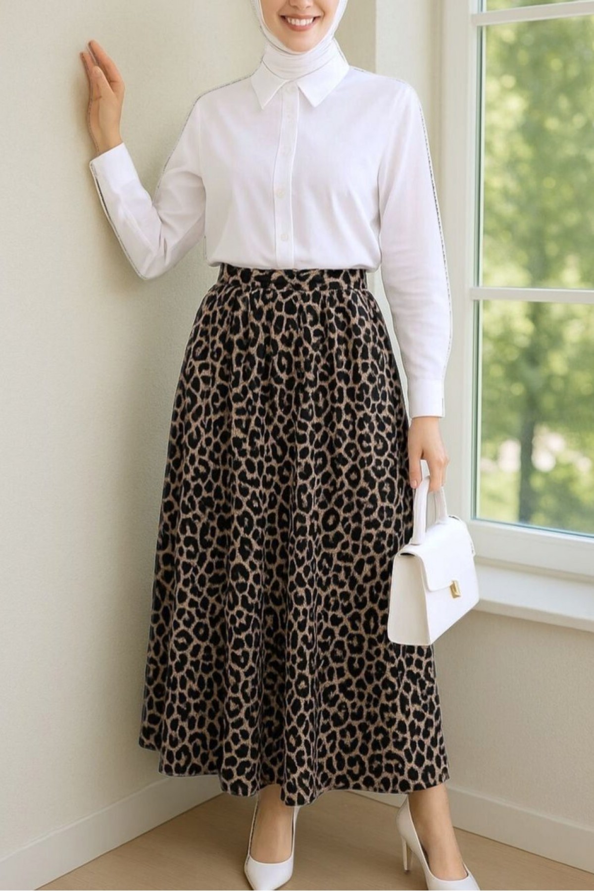 Pleated Soft Balloon Leopard Skirt -Black