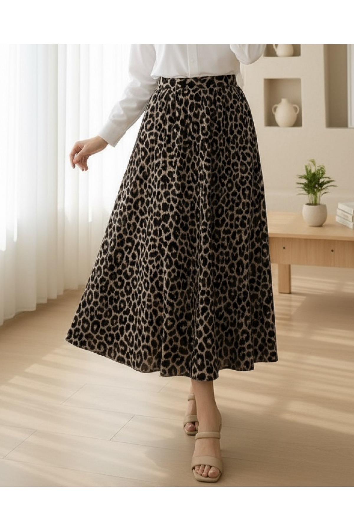 Pleated Soft Balloon Leopard Skirt -Black